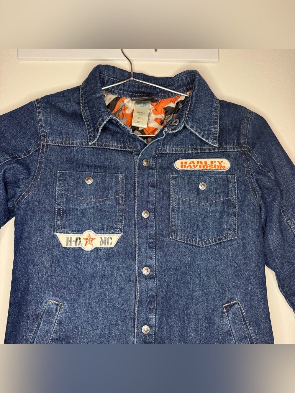 Harley-Davidson Kids Denim Button-Down Shirt,Blue with Orange Accents, size 8-10
